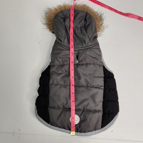 Simply Wag Puffy Dog Coat Small Faux Fur Hood Snapback Reflective Harness Hole - Picture 14 of 15